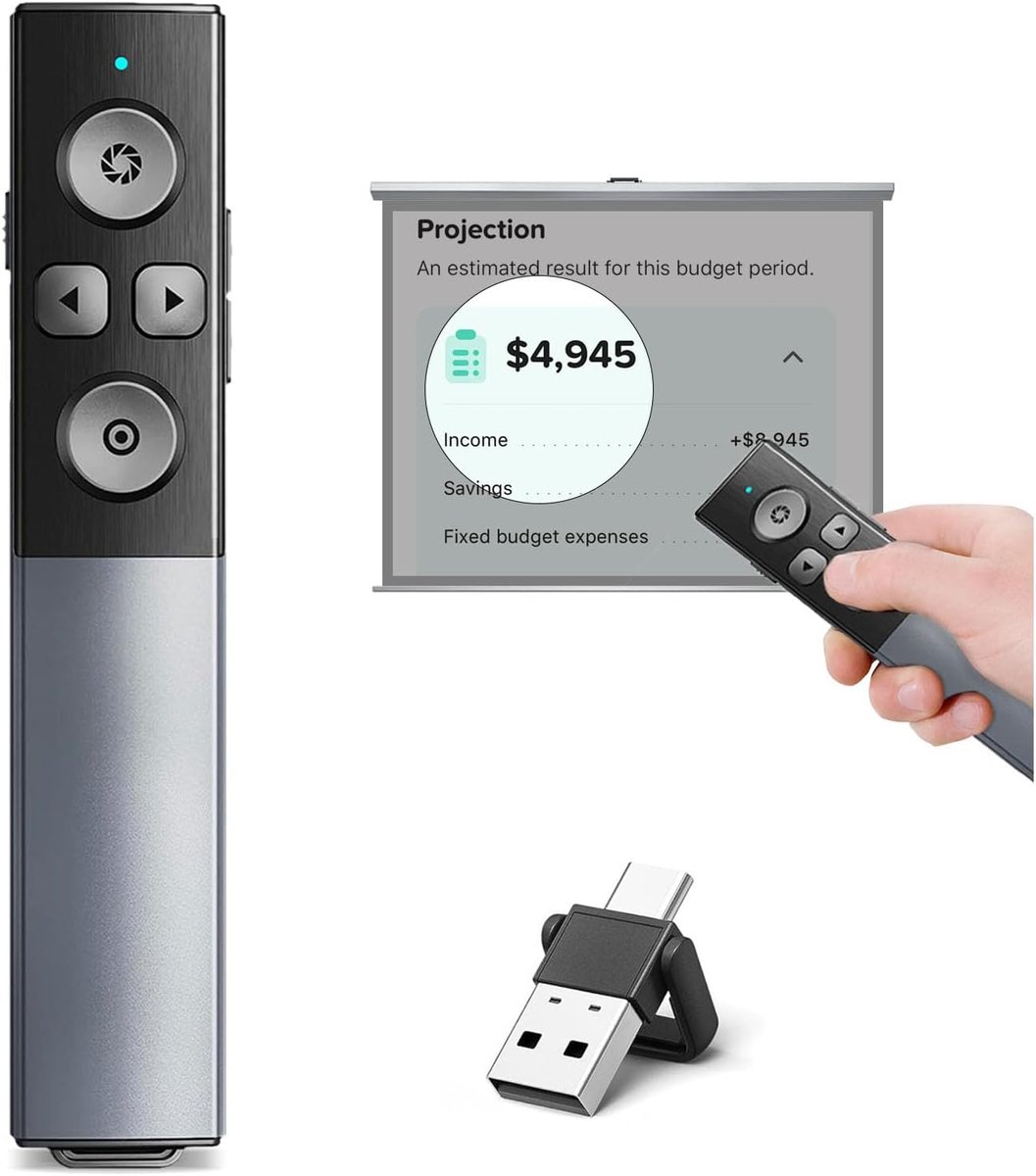 SnelShoppen - Aluminium Legering Digitale Presentatie Afstandsbediening met Markeer Magnifier Air Mouse Timer, USB/Type-C Draadloze Presenter voor Pow