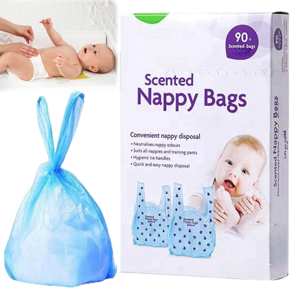 SnelShoppen - Wegwerpluierzakken, Geurige Luierzakken, 90 Stuks, Hoogwaardige PE Materiaal, Ideaal voor Baby's en Kinderen, Handig voor Thuis en Onder