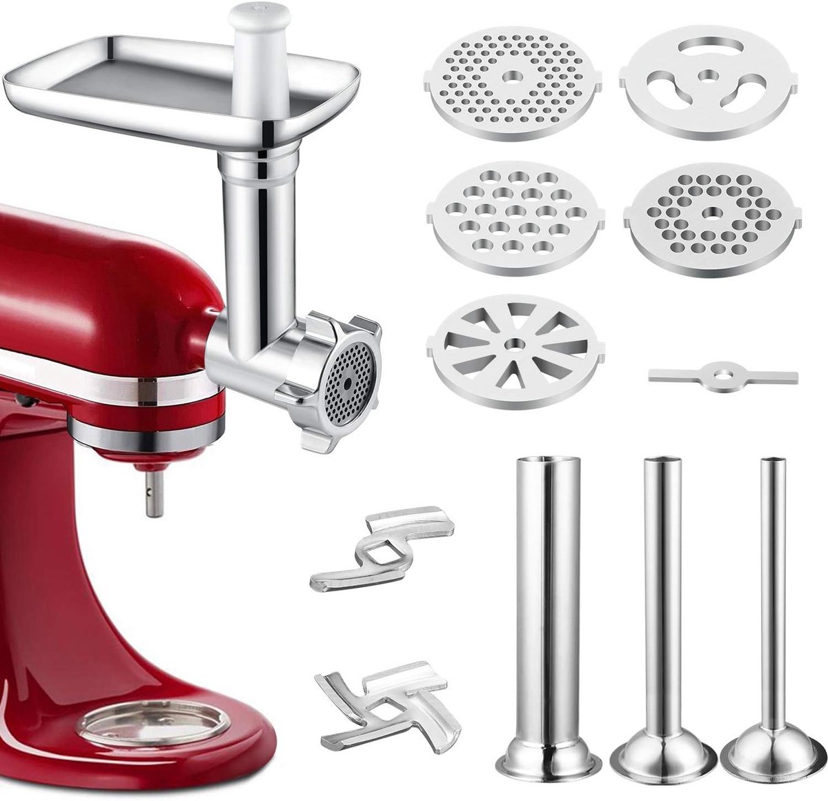 SnelShoppen - Vleesmolen Accessoire voor Keukenmachines - Geschikt voor alle KeukenMixers - 3 Worst Vulpunten, 2 Snijknives, 5 Maalschijven - Metaal