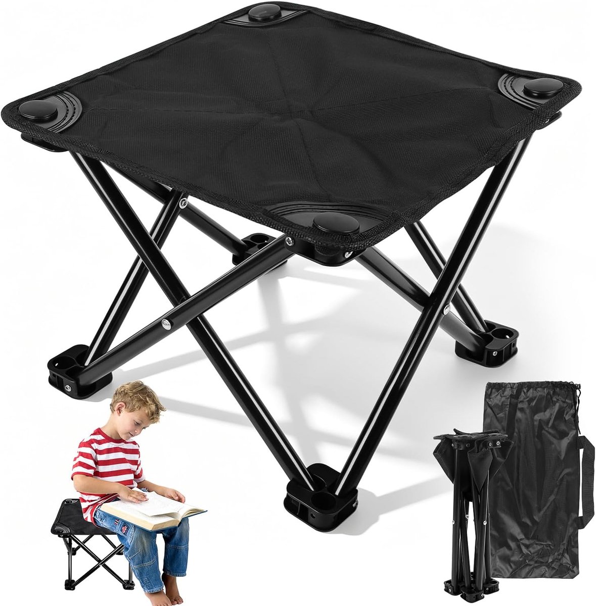 SnelShoppen - Vouwstoel Camping Mini - Draagbare Opvouwbare Tuinstoel - Sterk Staal & 600D Oxford - Zwart - Voor Tuin, Camping, Strand, Picknick, Wand