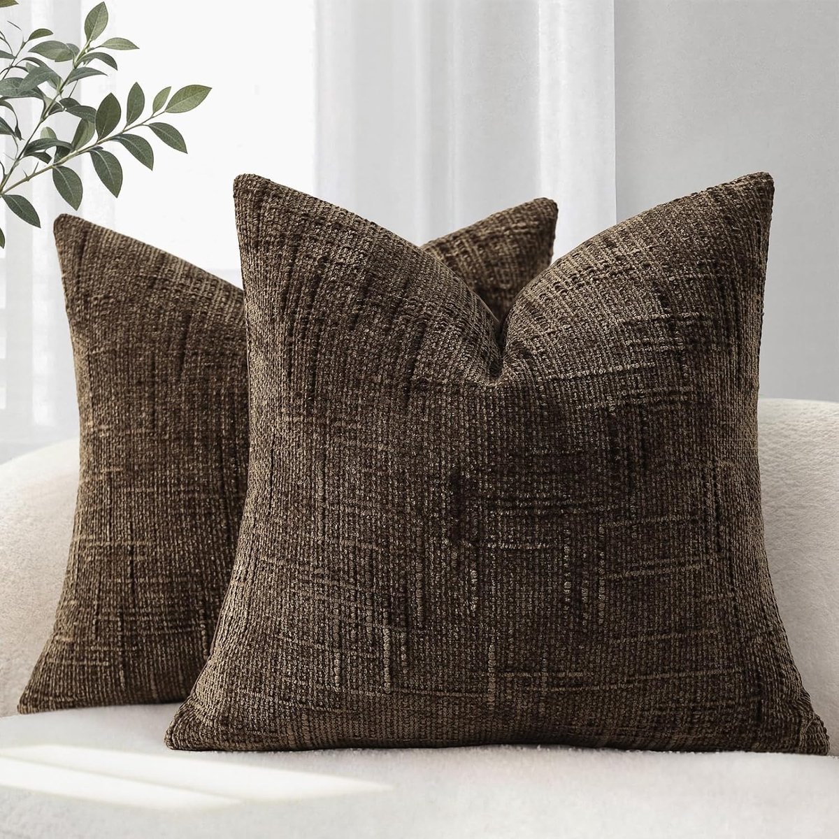SnelShoppen - Set van 2 Chenille Kussenhoezen 45x45 cm Bruin - Zachte Sofa Decoratie Kussens voor Woonkamer & Gezellige Huiskamer