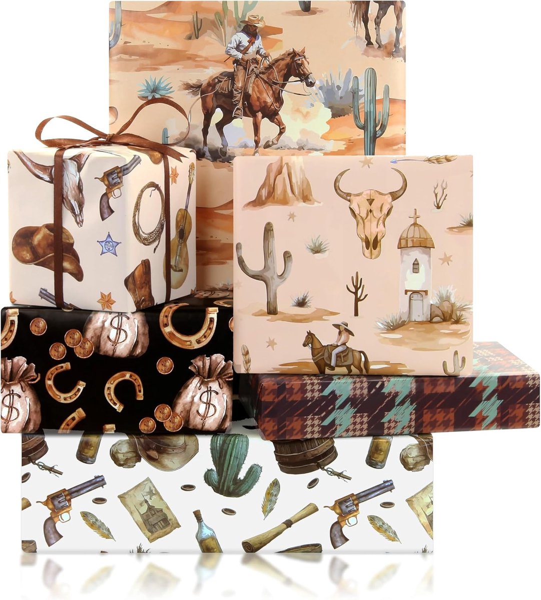 SnelShoppen - Cowboy Cadeaupapier Set - 6 Vellen 50x70 cm - Wild West Thema - Cactus & Paarden - Met 1 Rol Bruine Lint - Perfect voor Verjaardagen, Fe