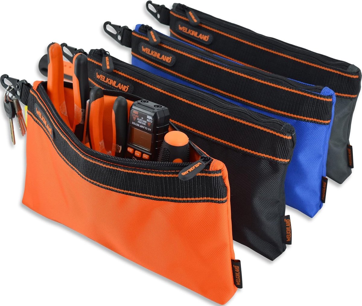 SnelShoppen - 4-Packs Kleine Tool Pouch - Heavy-Duty Gereedschapstas met Clip - Elektricien Tool Pouch - Ruim 13 inch Zipper Tas - Kleur: Oranje, Zwar