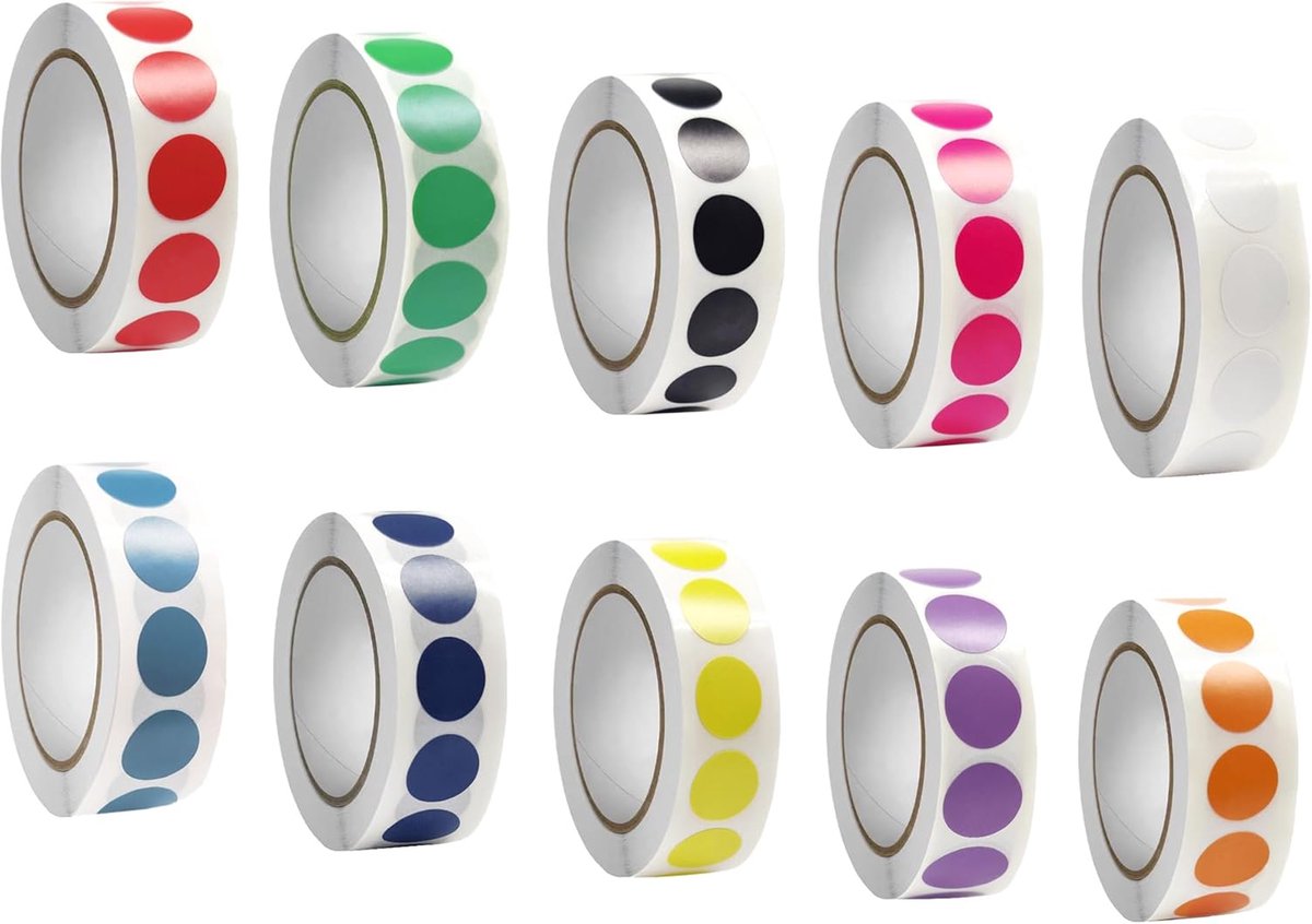 SnelShoppen - 10 Rollen x 1000 Stuks Ronde Stickers, 13mm Zelfklevende Labels, Kleurige Dots voor DIY Notebooks, Planners, Organiseren (10 Kleuren)