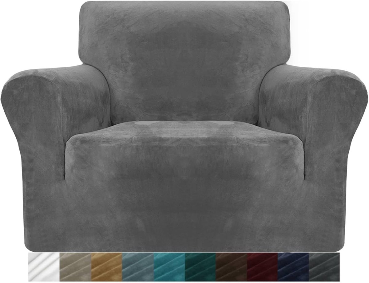 Dikke fluwelen stoelhoezen voor fauteuils - Superstretch antislip, elastische bankbeschermer met armen - Geschikt voor honden en katten (1-zits, grijs)