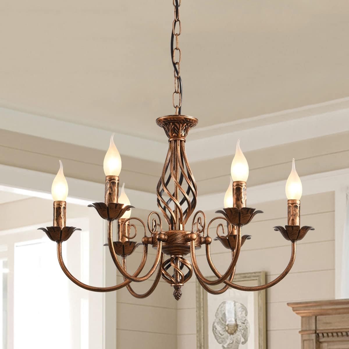 SnelShoppen - Traditionele Landhuis Stijl Kroonluchter, Verstelbare Hoogte, Bronzen Vintage Hanglamp, 6 Lichten, Wrought Iron Candlestick voor Woonkam
