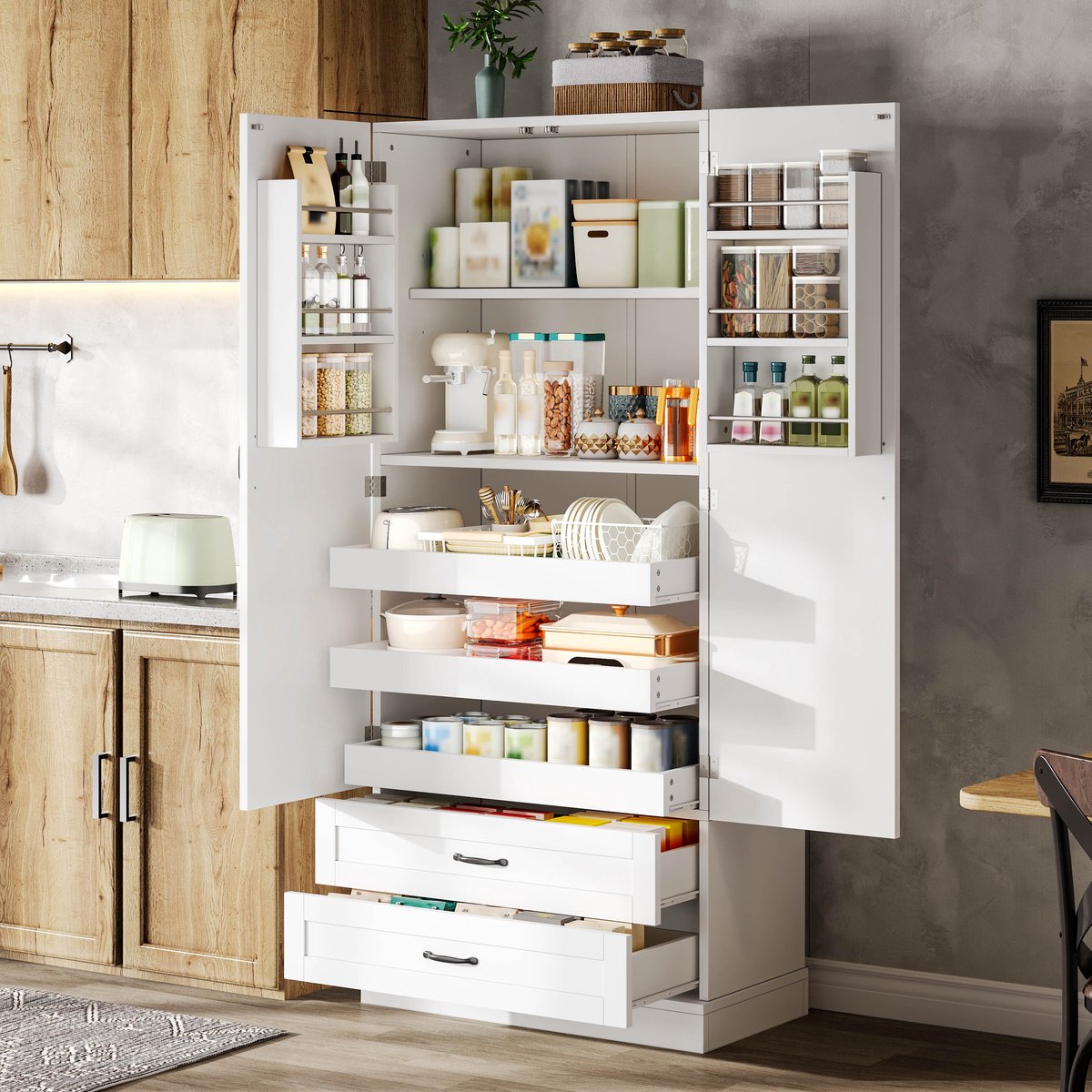 Clruro Hoge Keukenkast - 80 × 37,5 × 180 cm - met 3 Uittrekplateaus - met 2 Laden - MDF
