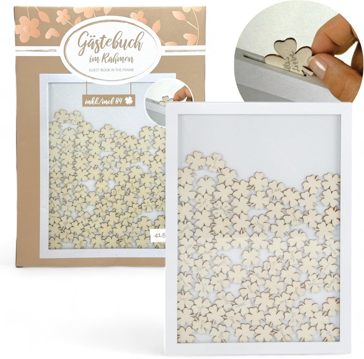 SnelShoppen - MIJOMA Fotolijst voor Gastenboek, Witte Lijst met 84 Houten Klavers, Alternatief voor Gastenboek voor Bruiloft, Doop, Verjaardag, Herinn