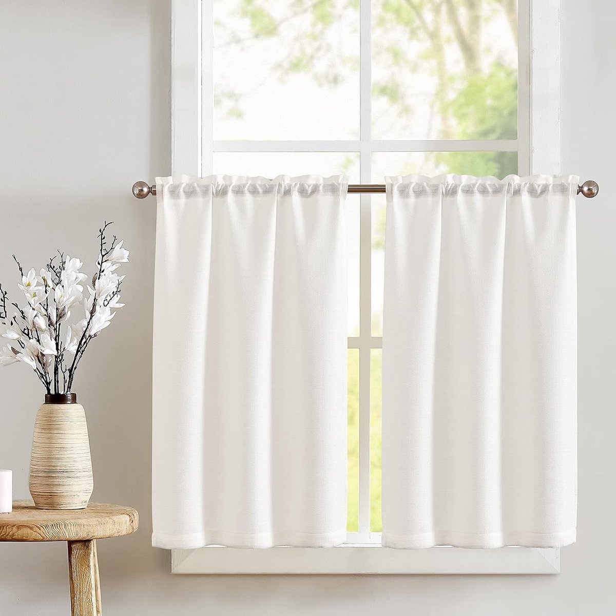 SnelShoppen - Set van 2 Keuken Gordijnen met Rod Entrance, 70 x 60 cm, Effen Wit, Korte Bistro Gordijnen voor Woonkamer, Kinderkamer, Caravan, Sfeervo