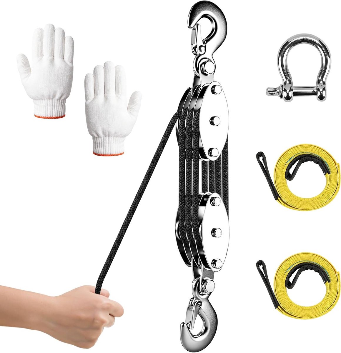 Krachtige katrolset met 2000 kg breukbelasting, 20 m nylon touw en 300 kg WLL voor jacht, werkplaats en garage, inclusief hefbanden en handschoenen