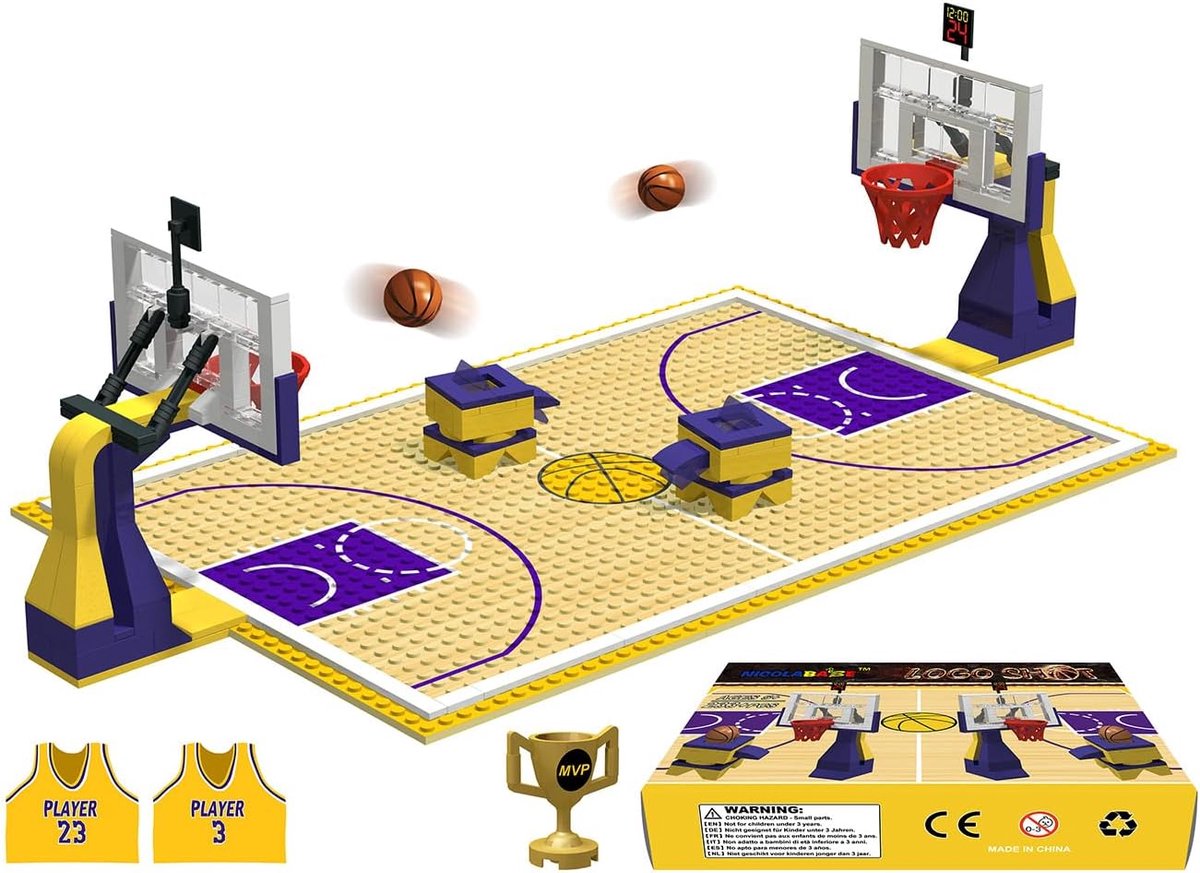 SnelShoppen - Classic Building Blocks Basketball Court - Creatieve Bouwset met Basketbalring, 3 Speelvelden, 2 Standen, 2 Ballen, 2 Mini-Shirts en Tro
