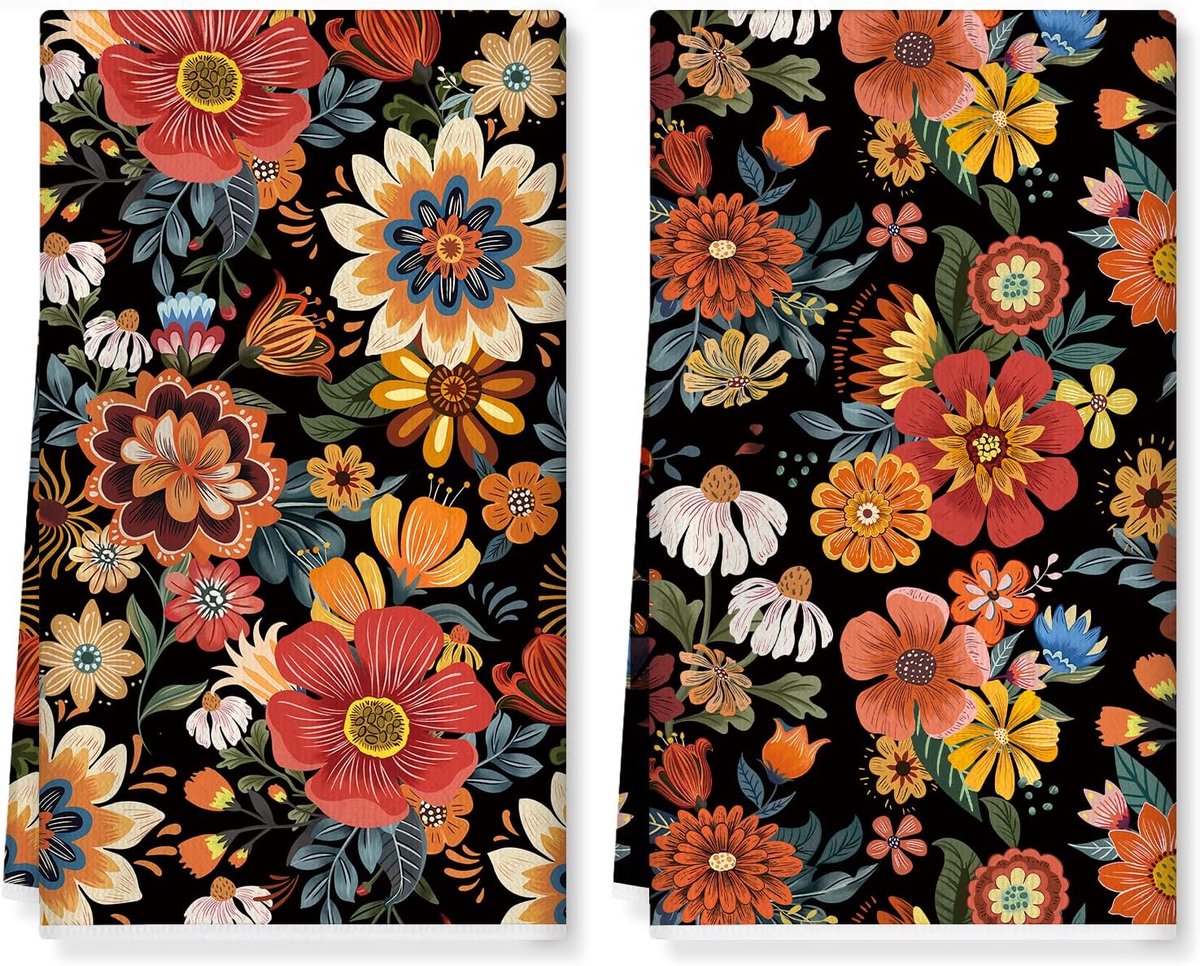 SnelShoppen - Boho Floral Keukenhanddoeken Set van 2 - Zacht en Dikker Katoenmengsel - Retro Absorberende Keuken Doeken 42x70cm - Decoratieve Huishoud