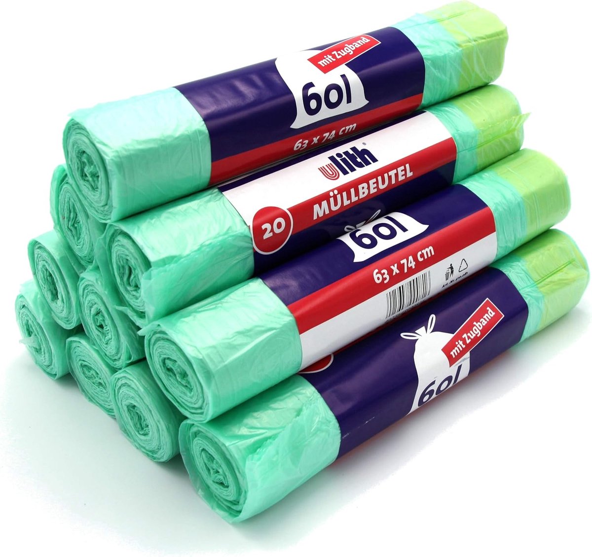 SnelShoppen - 200 Afvalzakken met Trekband, 60 Liter, 10 Rollen van 20 Stuks, Scheurbestendig en Vloeistofdicht, 63 x 74 cm, Groene Prullenbakzakken v
