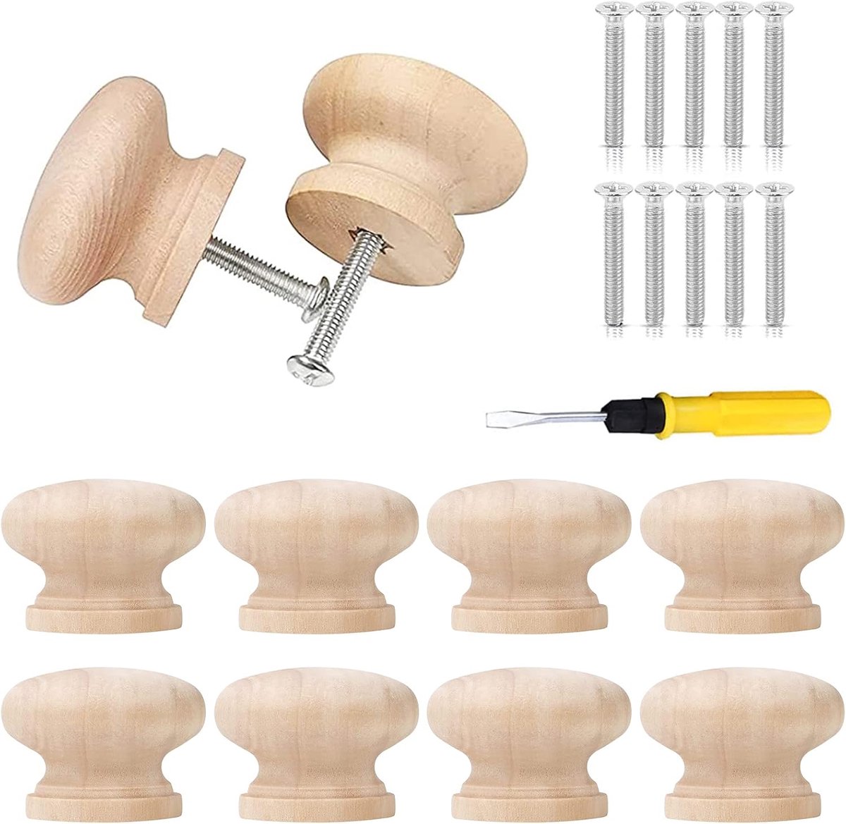 SnelShoppen - Houten Ladehandgrepen Met Schroeven, Meubelknoppen Voor Kast, Ladekast, Eenvoudig en Mooi, Paddenstoelen Hoofd, 10 Stuks, Natuurlijk Hou