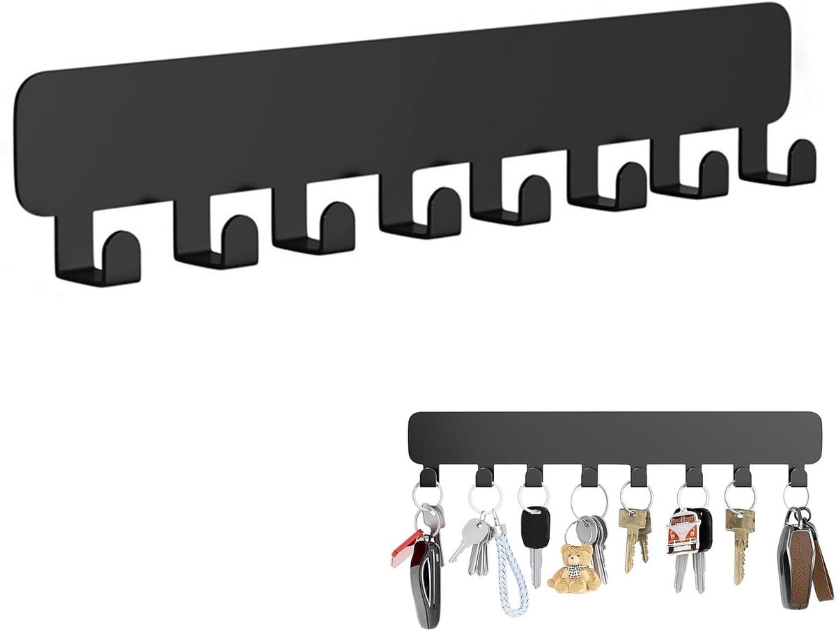 SnelShoppen - Sleutelhanger met 8 Haken, Zelfklevende Sleutelhouder voor Wand, Geen Boren Nodig, Decoratieve Sleutelkast in Zwart, Ideaal voor Thuis,