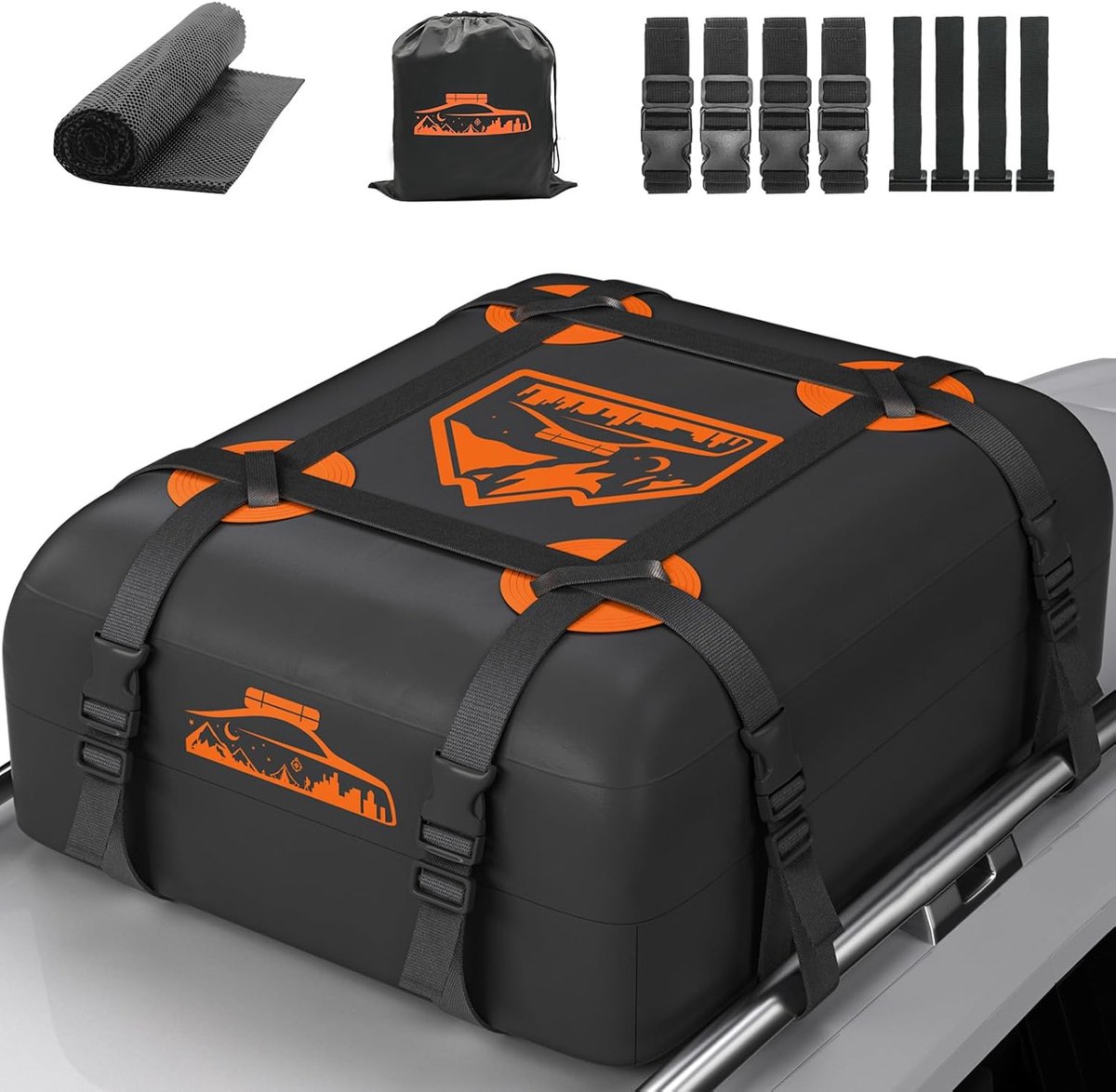 SnelShoppen - Opvouwbare Dakbox 15-21 Kubieke Meter, 700D Waterdichte Dakkoffer voor Auto, Antislipmat en 6 Krachtige Riemen, Oranje