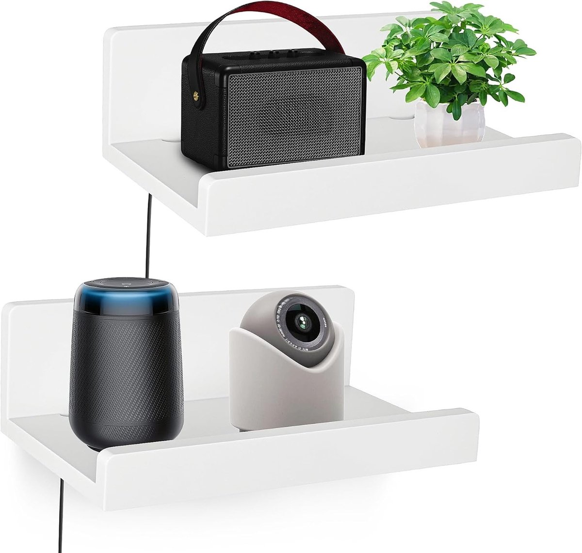 Set van 2 Drijvende Wandplanken van 30 cm van Massief Hout met Kabelopeningen - Ideaal voor Routers, Webcams en Smart Speakers - Wit