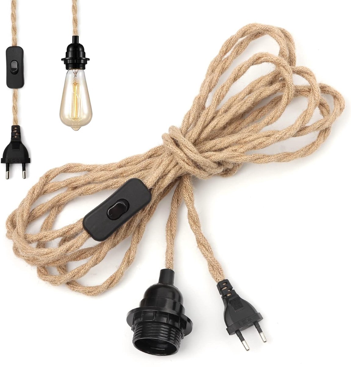 SnelShoppen - E27 Lamp Socket met Stekker, 4.5 m Textiel Kabel, Vintage Hanglamp, Jute Touw, Schakelaar, Ideaal voor DIY Vloerlampen en Chandelier