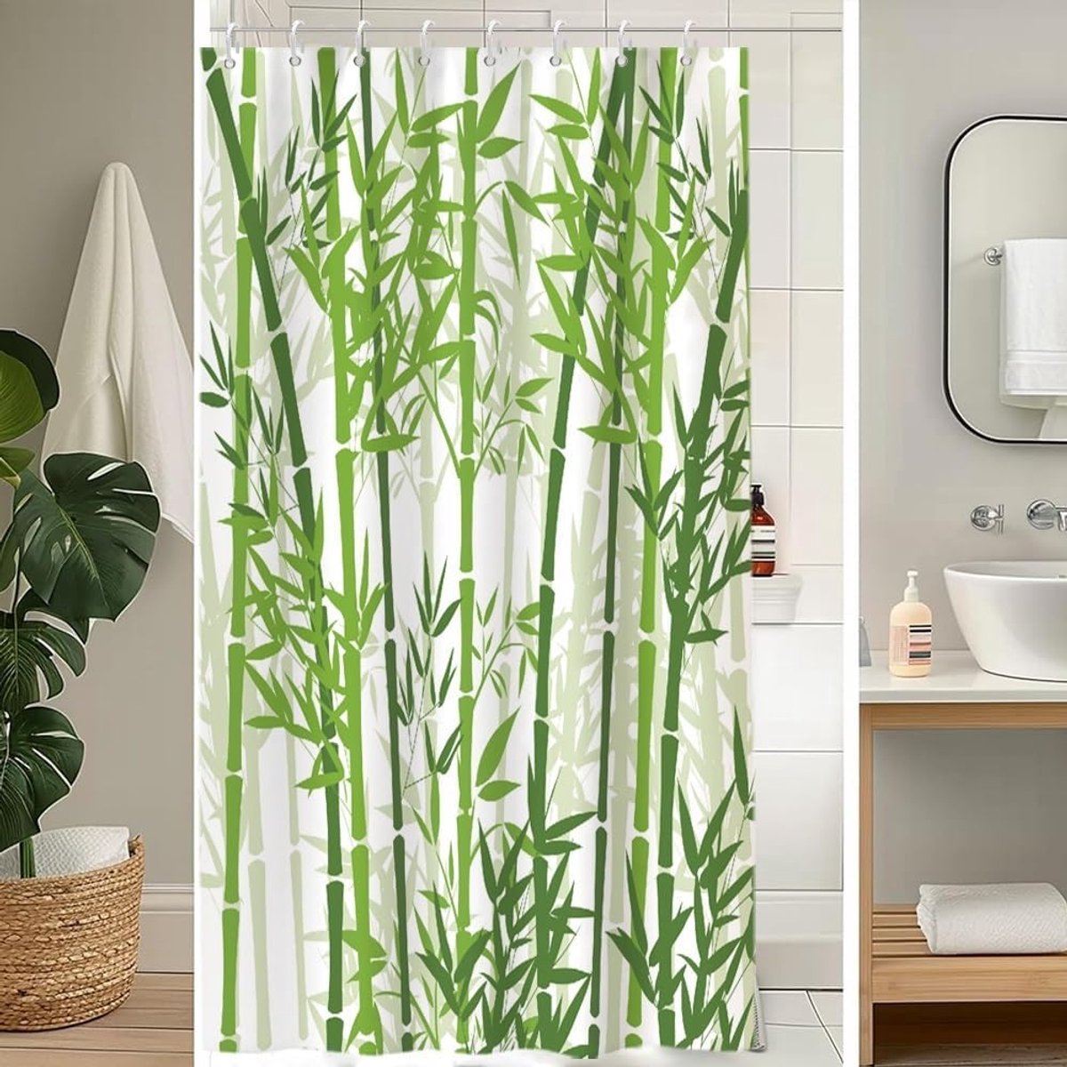 SnelShoppen - Douchegordijn 120x200cm Schimmelbestendig Bamboe Groene Bladeren Spa Abstract Bos Zen Douchegordijn Wasbaar Waterdicht Polyester Inclusi