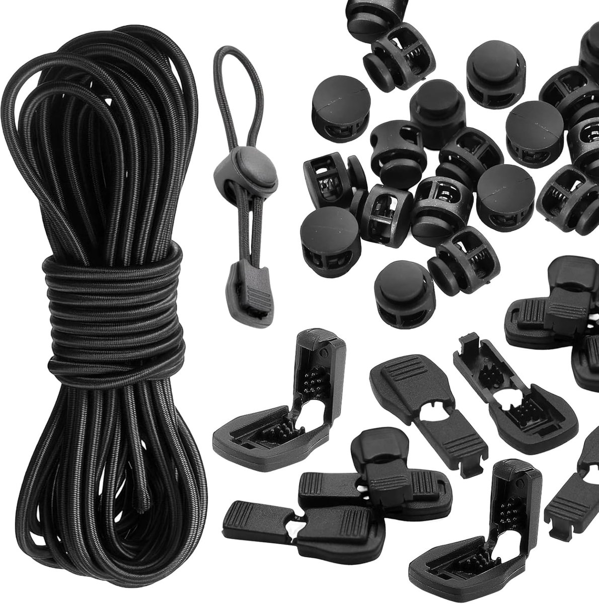 SnelShoppen - 10 m Elastisch Rubberen Koord 3 mm met 40 Koordstoppers en 20 Koordklemmen - Perfect voor Rugzakken, Kleding, Touwen en Camping