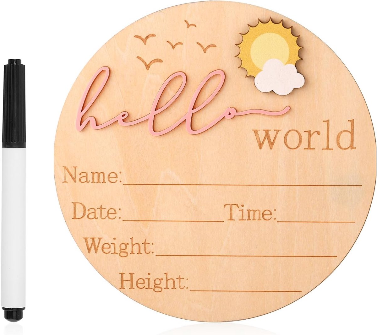 SnelShoppen - Baby Announcement Board - Houten Hello World Newborn Sign - Schattige Geboorte Naamplaatjes voor Jongen en Meisje - Baby Shower, Ziekenh