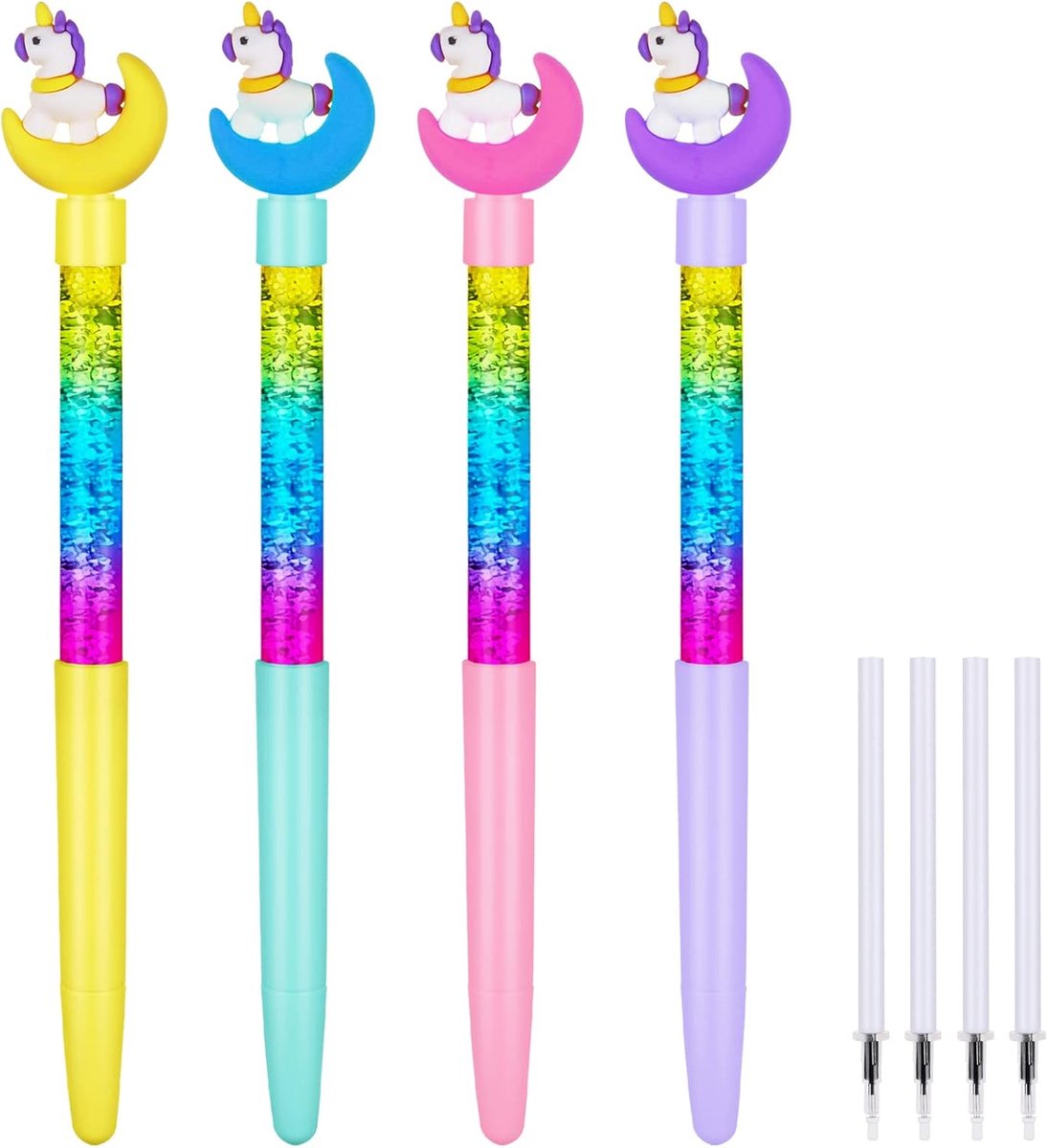 SnelShoppen - 4 Stuks Gelpen met Unicorn en Vloeibare Glitter - Ballpoint Refill voor Kinderen - Schrijfgerei en Stationery Set - Perfect voor School