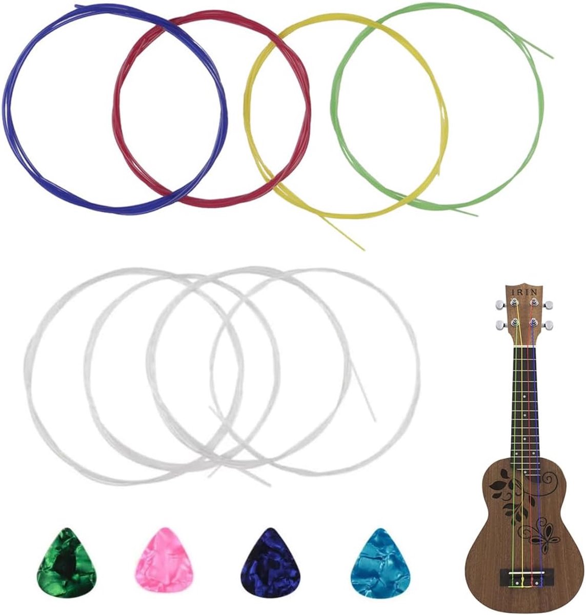 SnelShoppen - 2 Sets Nylon Ukulele Snaren met 4 Snaren per Set, Licht, Inclusief Celluloid Picks voor Concert, Soprano en Tenor Ukulele