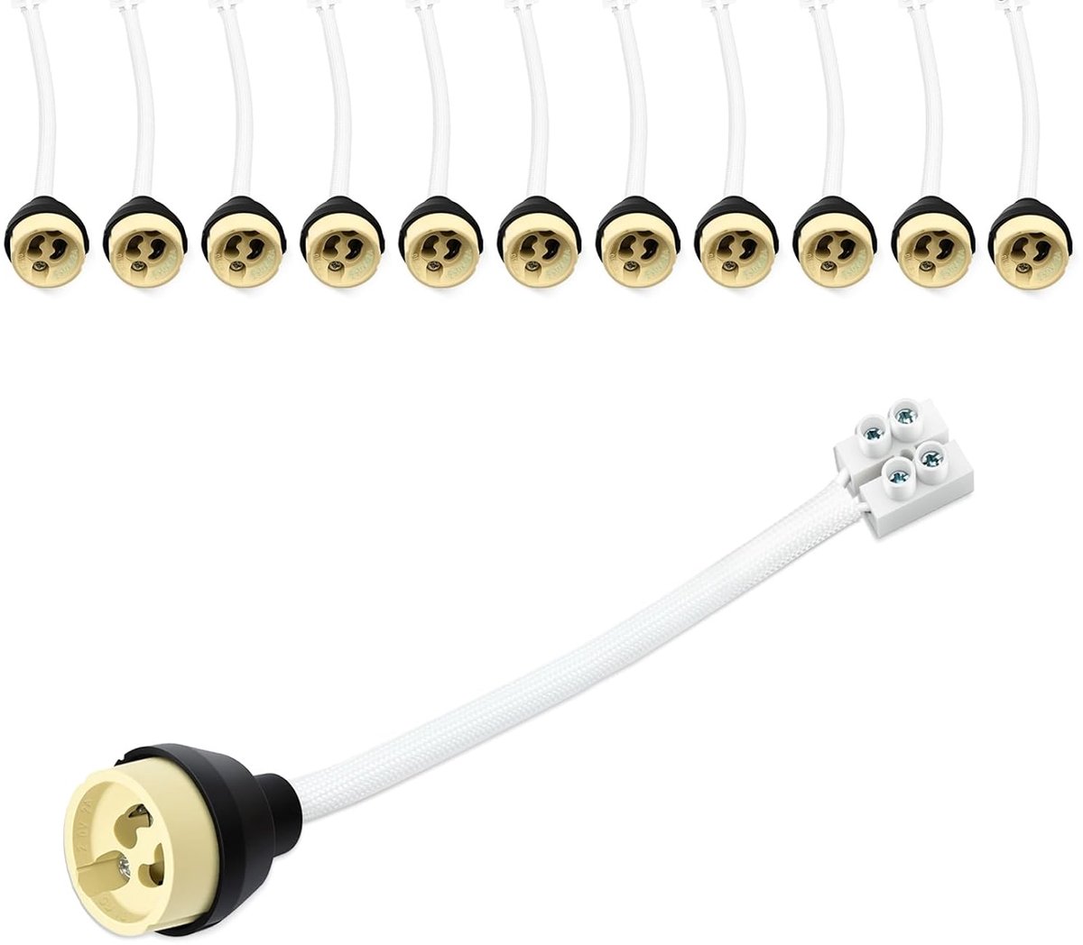 SnelShoppen - Set van 12 GU10 Fittingen met Cristle, Voorgeïnstalleerde Keramische Fitting, 15cm Dubbel Geïsoleerde Siliconen Kabel, 250V 100W voor LE