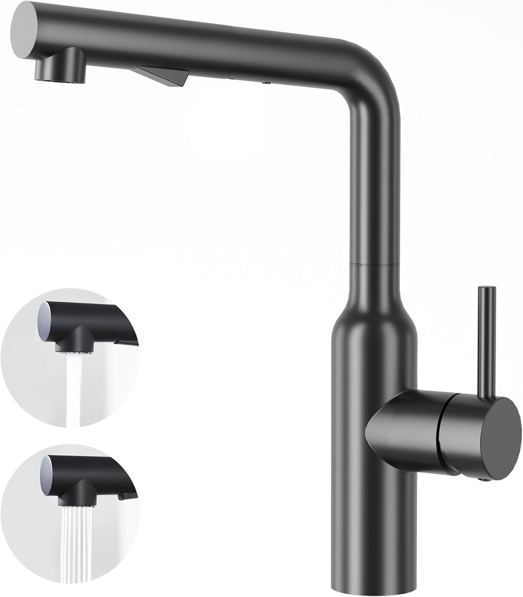 SnelShoppen - Keuken Mengkraan met Uittrekbare Sprayer, Hoge Druk, Zwart, Ideaal voor Enkele en Dubbele Spoelbakken, Moderne Keuken Faucet, Handige Ke