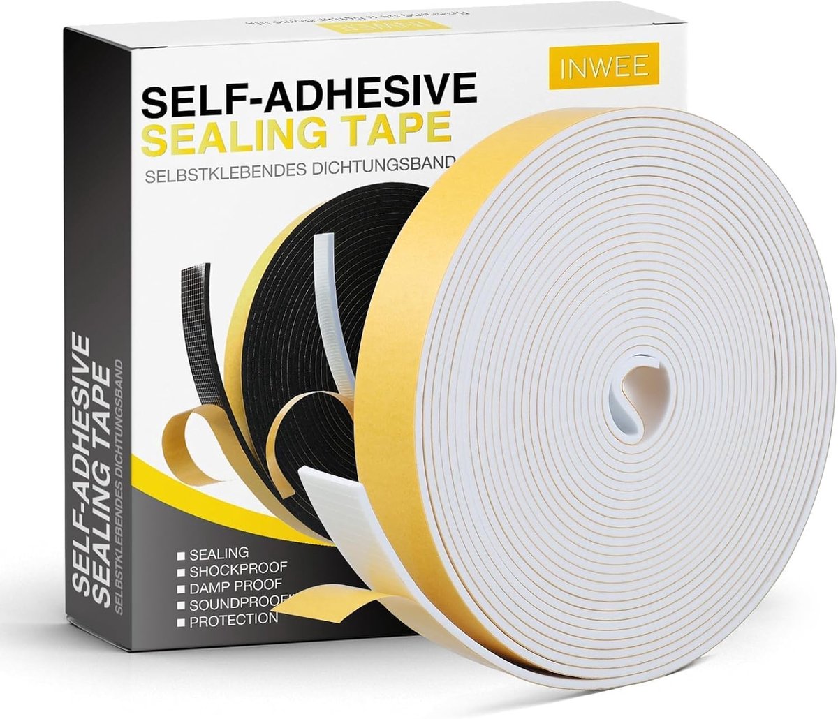 SnelShoppen - Sealing Tape, Zelfklevend 25mm x 3mm voor Deuren en Vensters, Foam Tape, Rubber Sealing tegen Koude Tocht, Waterdicht en Stofdicht (10M)