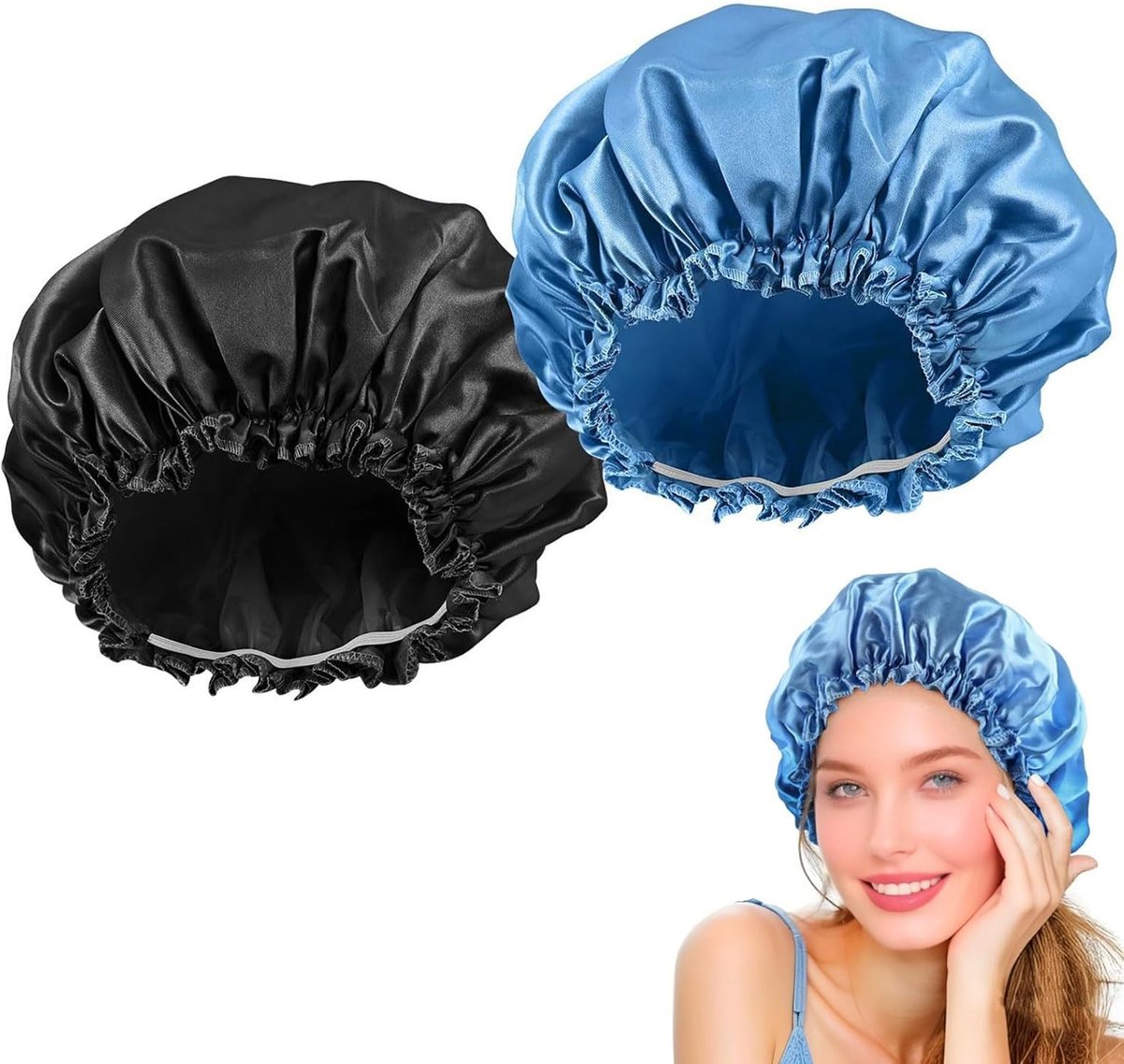 SnelShoppen - Satin Douchkap voor Vrouwen, 2 Stuks, Waterdichte Haarcap voor Douche, Bad, Spa, Salon, Make-up, Elastisch en Herbruikbaar, Zwart + Blau
