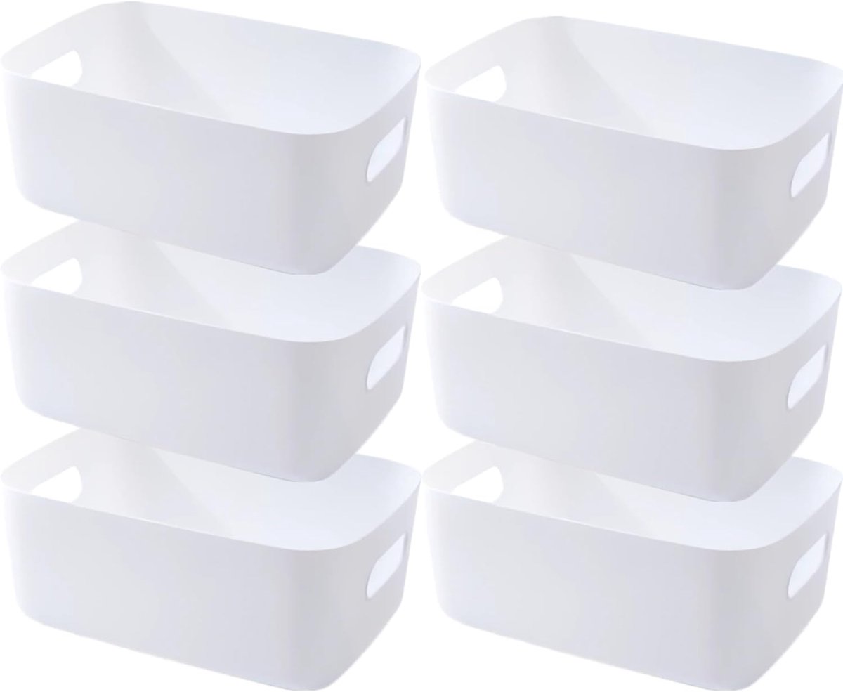 SnelShoppen - Set van 6 Plastic Opbergdozen met Handvatten - Organiser voor Keuken, Badkamer en Slaapkamer - Wit 25x18x10cm - Multikleurige Opbergmand