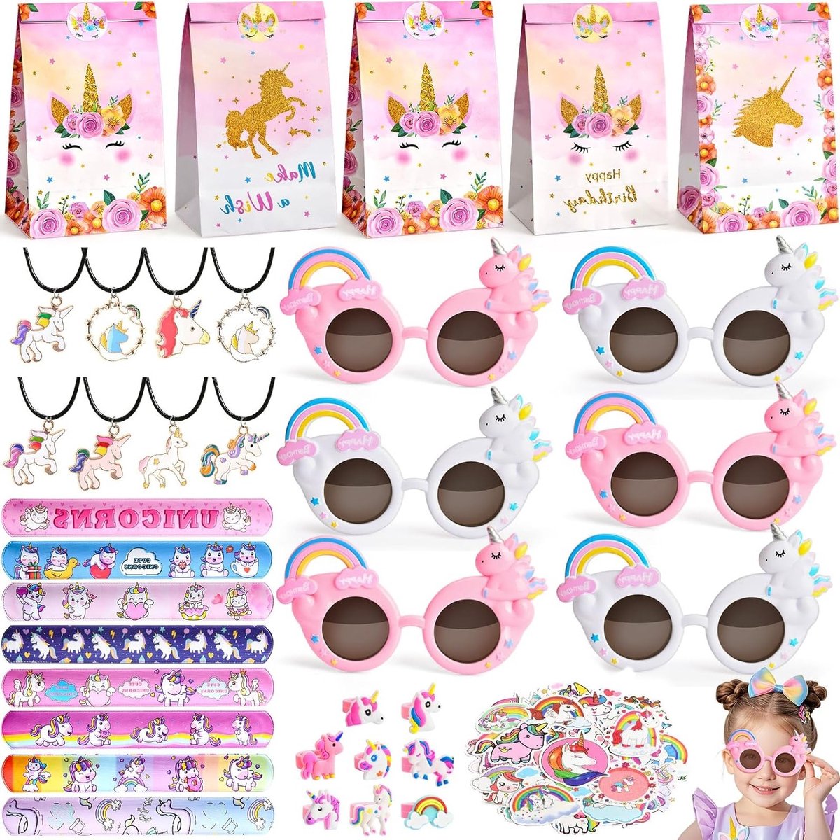 Unicorn Cadeaus voor Kinderverjaardagen, Feestartikelen, Zonnebrillen, Kettingen, Party Tassen, Ringen, Klikarmbanden, Stickers en Piñata Vullingen
