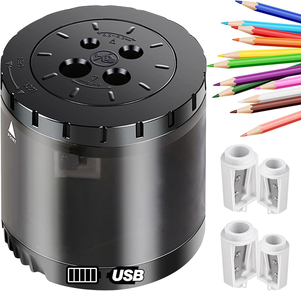SnelShoppen - Elektrische Potloodslijper met Houder, Heavy Duty USB Batterij, 6 Vervangbladen, Geschikt voor 6-12 mm Dikke Potloden en Dunne Stiften,