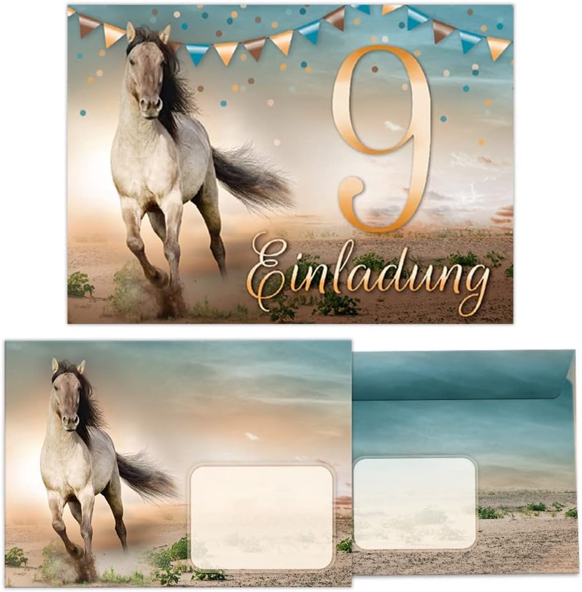 SnelShoppen - 12 Uitnodigingskaarten inclusief 12 Enveloppen voor het 9e Verjaardagsfeestje van een Meisje met Paardenthema - 300 g/m², UV Gelakt, Zel