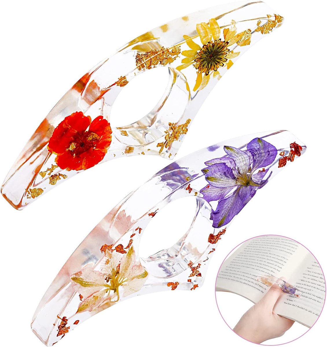 SnelShoppen - 2Pcs Dried Flower Resin Bookmark - Transparante Duimring - Handgemaakte Leestekens voor Boekenliefhebbers, Leraren, Studenten - Uniek De