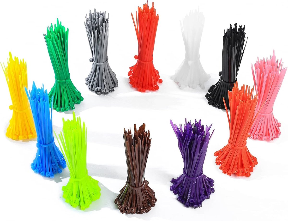 SnelShoppen - 1200 Stuks Gekleurde Nylon Kabelbinders 3mm x 200mm, UV Bestendig, Voor Thuis, Kantoor, Tuin, Garage, Workshop, 12 Kleuren