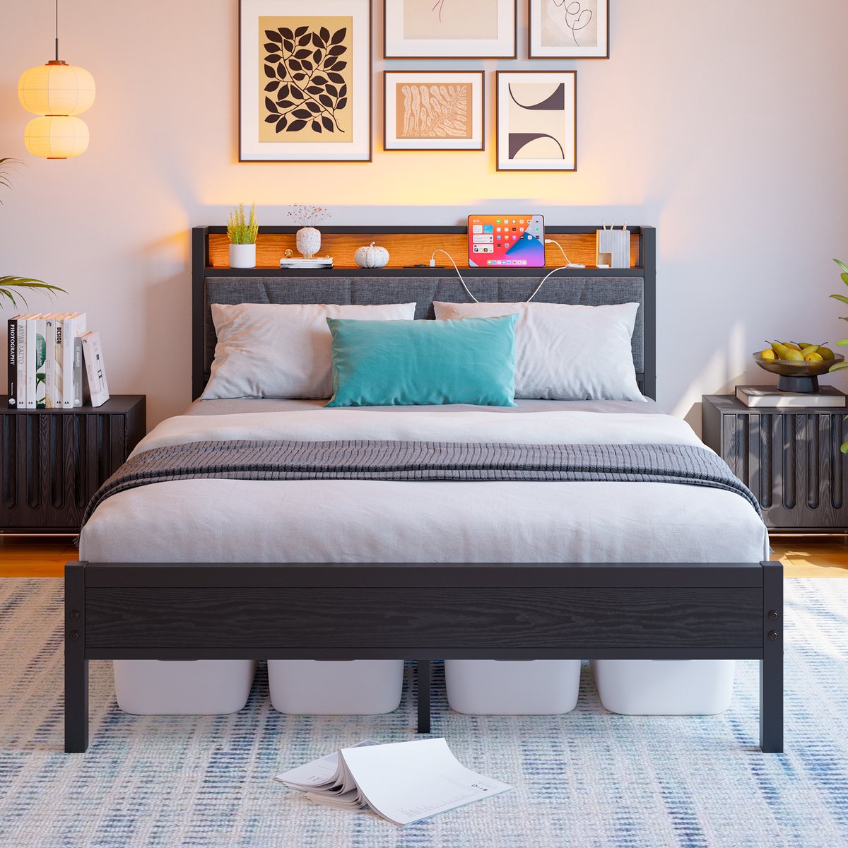 Bed 140x200 cm - Met LED Verlichting, Opberg Hoofdbord en USB Laadpunt - Zonder Matras - Metalen Lattenbodem - Zwart