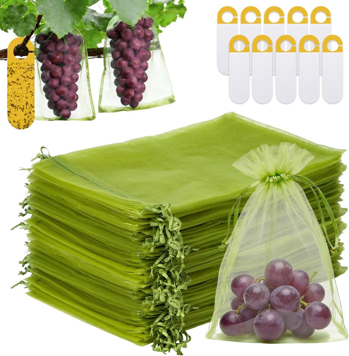 SnelShoppen - 100 Stuks Fruitbeschermzakken 20x30 cm met 10 Gele Lijmvallen - Tule Zakjes met Trekkoord voor Bescherming tegen Wespen, Vogels en Kerse
