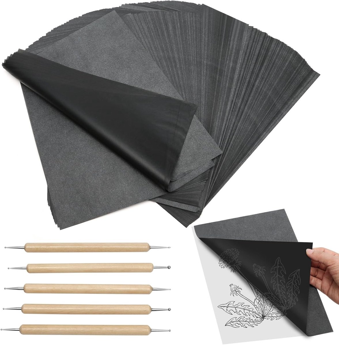 Transferpapier A4, 200 vellen voor tekenen en knutselen, inclusief 5 stempelstiften, ideaal voor hout, canvas en glas, perfect voor creatieve projecten