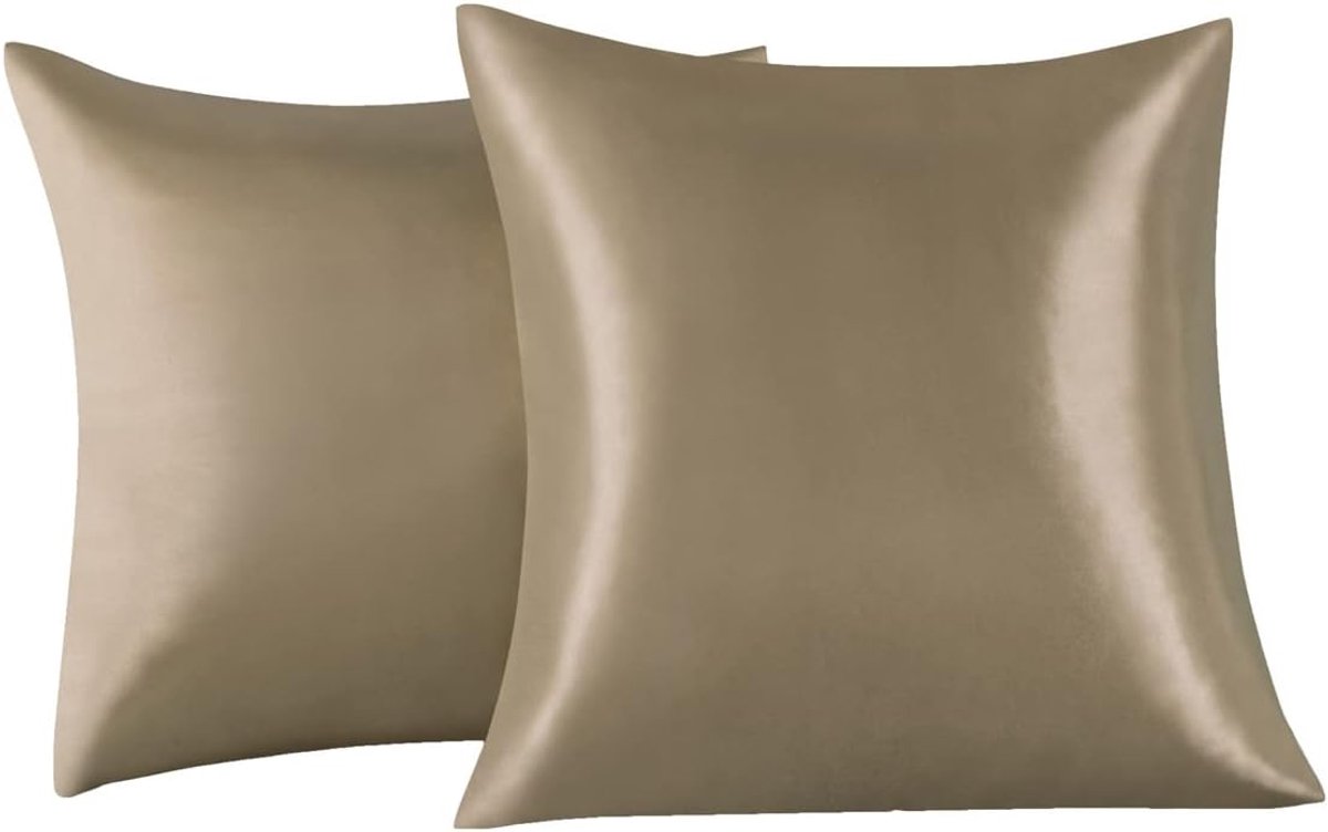 SnelShoppen - Set van 2 Satijnen Kussenhoezen 65x65 cm in Lichtbruin - Zachte Kussenhoezen voor een Goede Nachtrust, Verzorgend voor Huid en Haar
