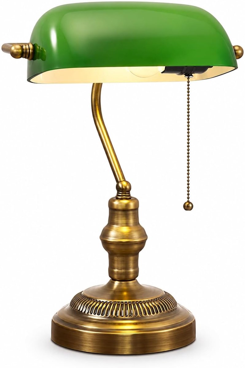 SnelShoppen - Groene Banker's Lamp - Traditionele Bureau Lamp met Trek Schakelaar, E27 Fitting, Antiek Brons Basis en Witte Glazen Kap voor Thuis en K