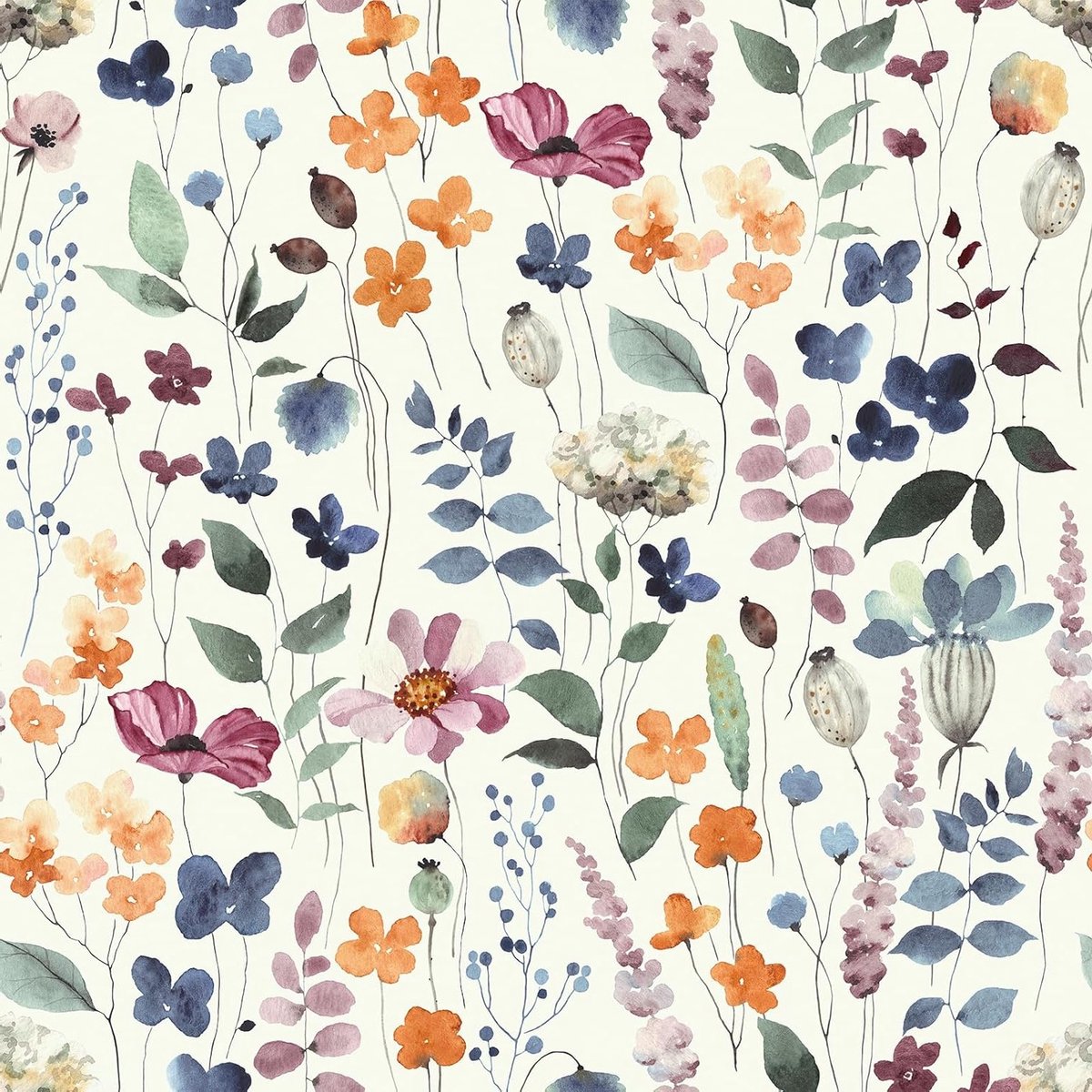 Blauw Bloemenbehang met Bladeren - Zelfklevend Waterverf Patroon voor Woonkamer, Vintage Decoratie en Fotobehang 44.5cm × 300cm