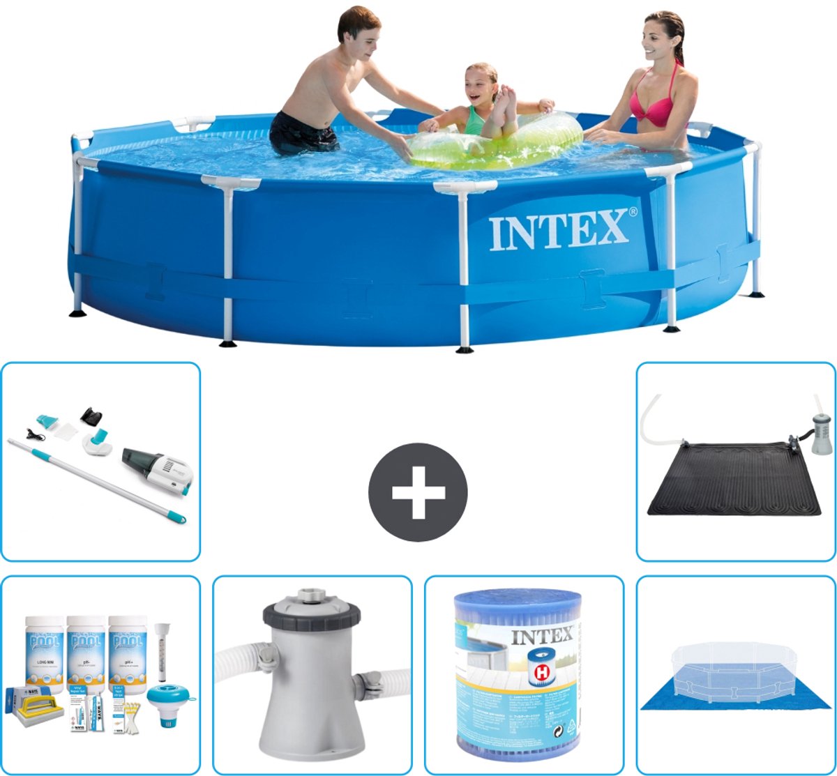 Intex Rond Frame Zwembad - 305 x 76 cm - Blauw - Inclusief Onderhoudspakket - Zwembadfilterpomp - Filter - Grondzeil - Stofzuiger - Solar Mat - 7-delig