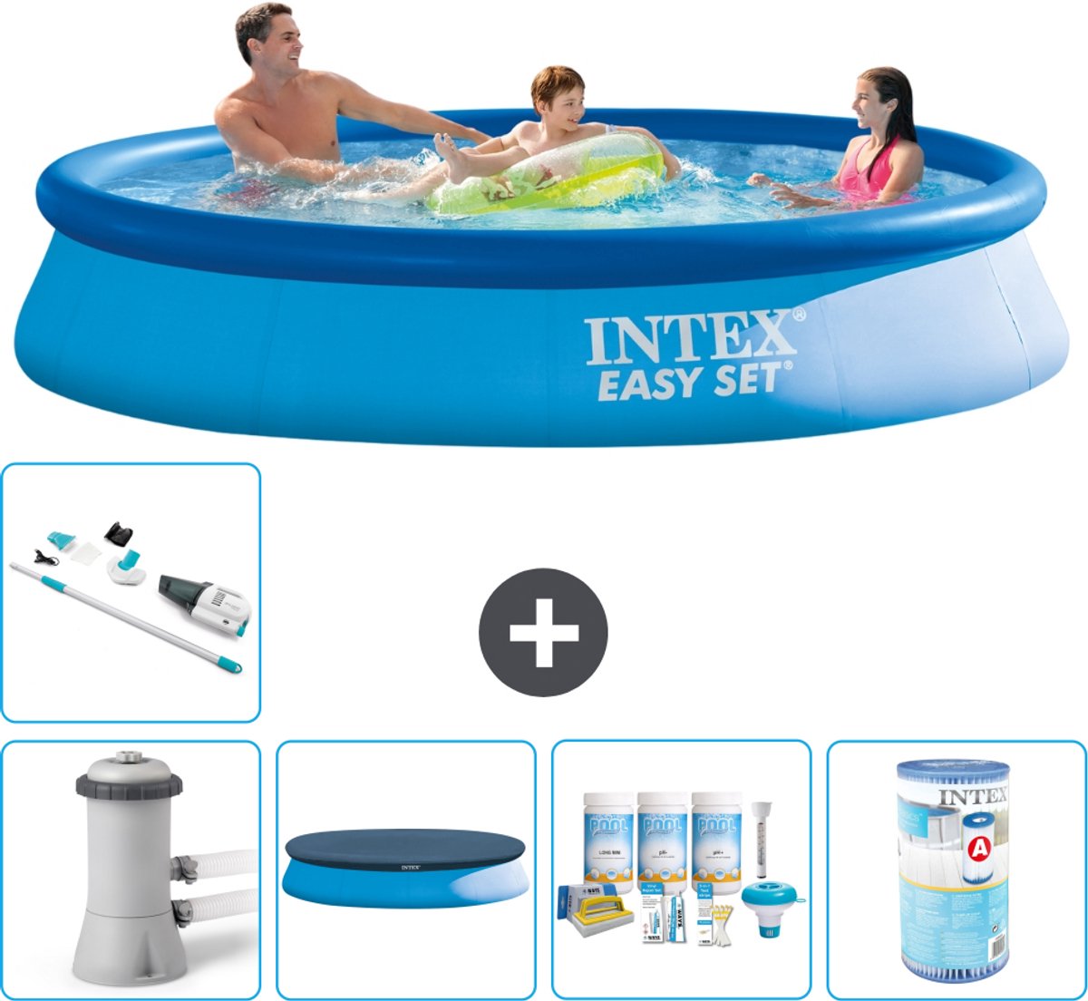 Intex Rond Opblaasbaar Easy Set Zwembad - 366 x 76 cm - Blauw - Inclusief Pomp - Afdekzeil - Onderhoudspakket - Filter - Stofzuiger - 6-delig