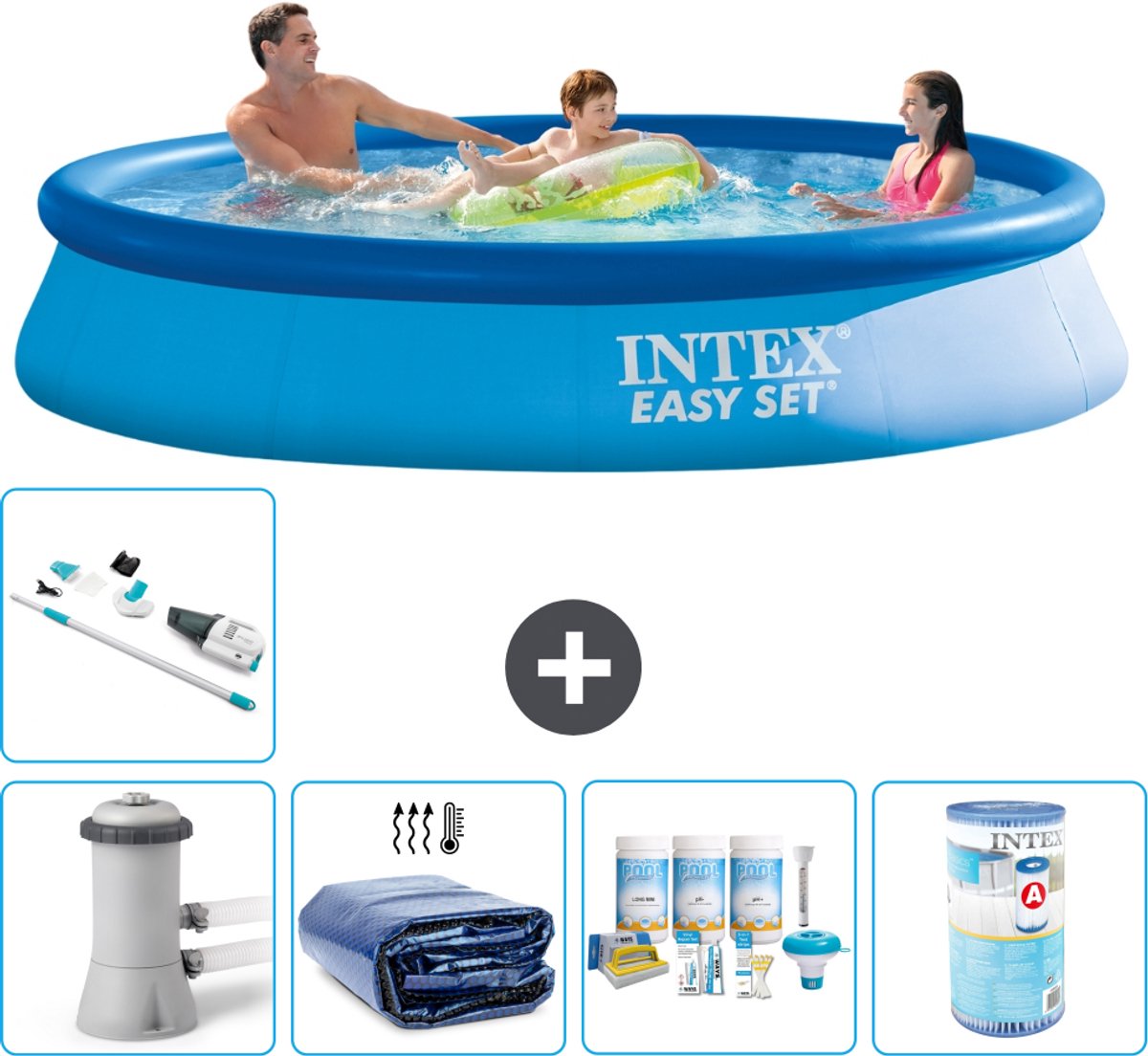 Intex Rond Opblaasbaar Easy Set Zwembad - 366 x 76 cm - Blauw - Inclusief Pomp - Solarzeil - Onderhoudspakket - Filter - Stofzuiger - 6-delig