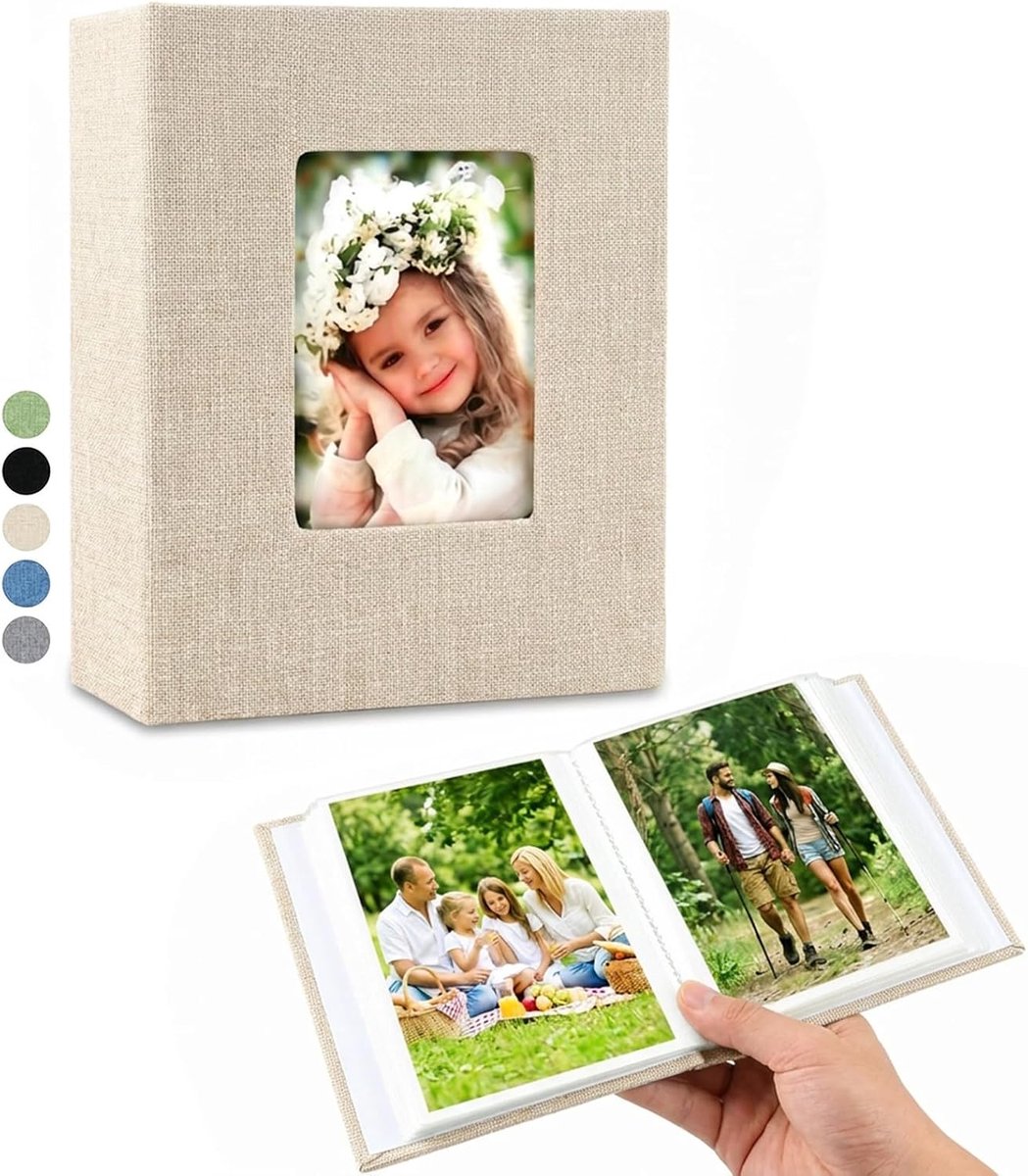 SnelShoppen - Fotoalbum Beige 100 Foto's Insteekalbum 10x15cm - Linnen Mini-Fotoboek met Venster voor Herinneringen, Reizen, Bruiloft, Vakantie, Zelf