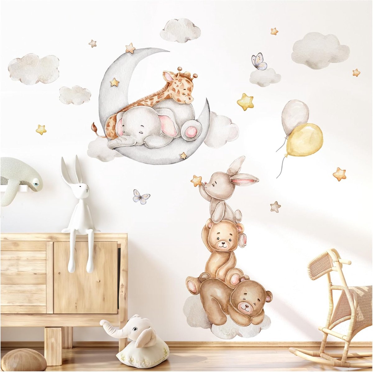 SnelShoppen - Wandsticker Maand Dieren - Boho Muurdecoratie Voor Kinderkamer - Zelfklevende Muurstickers Olifant, Giraffe, Beer en Konijn - 155x115 cm