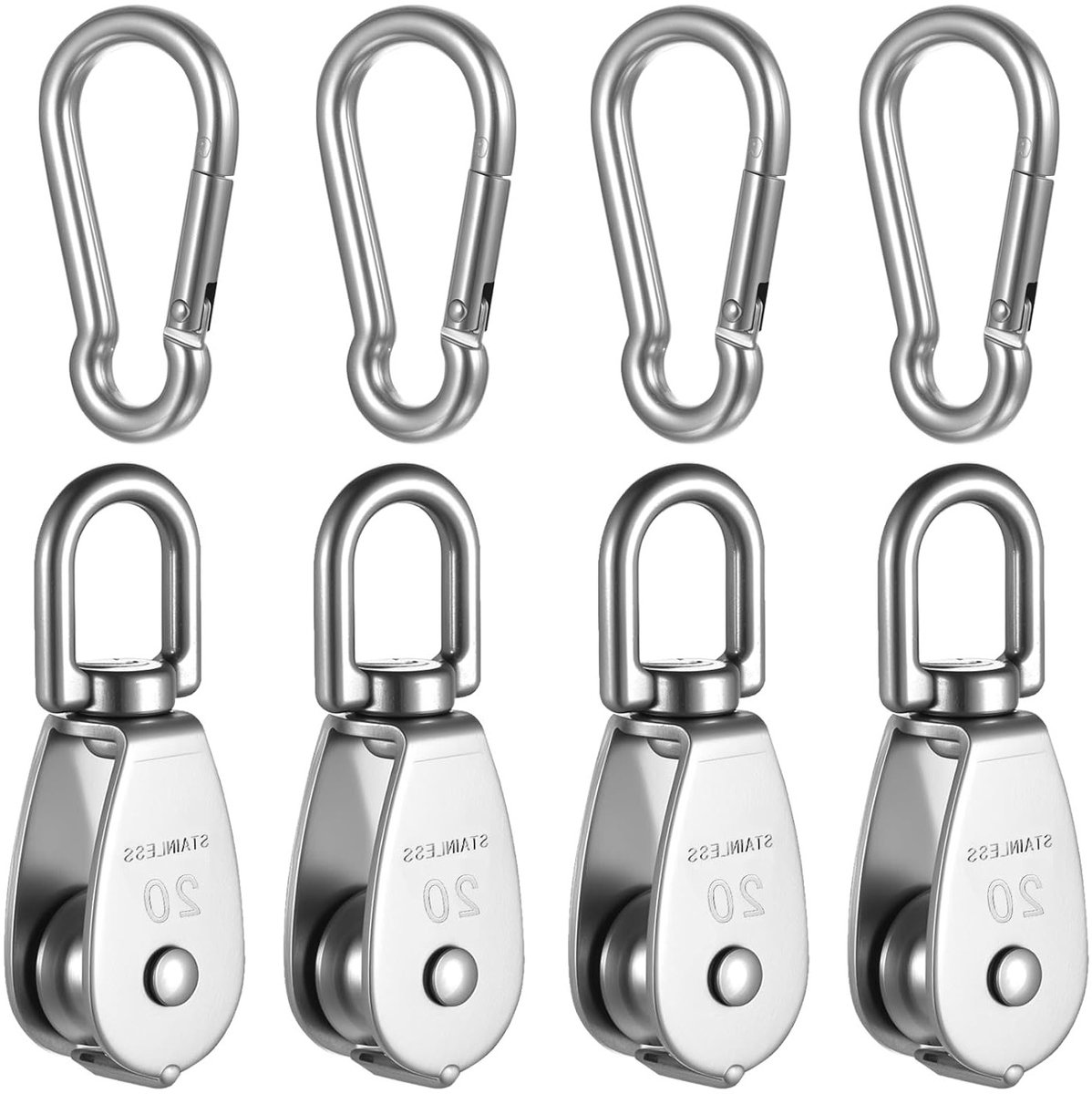 Set van 4 Kleine Pulleys van RVS M20 voor Kabels, Draaiende Pulleys met 4 M6 Karabiners voor Zeilen en Fitness (Max Belastbaarheid 75kg)