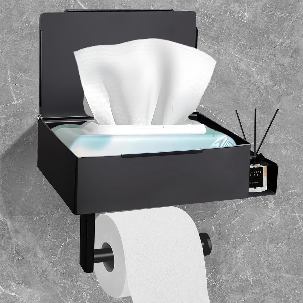Thijox - Toiletpapierhouder Zonder Boren - Klorollenhouder met Opbergdoos voor Vochtige Doekjes - Roestvrij Staal Zwart - Praktische Rollenhouder voor